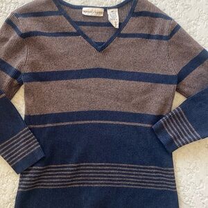 Apostrophe knit brown blue uneven striped V-neck sweater size medium